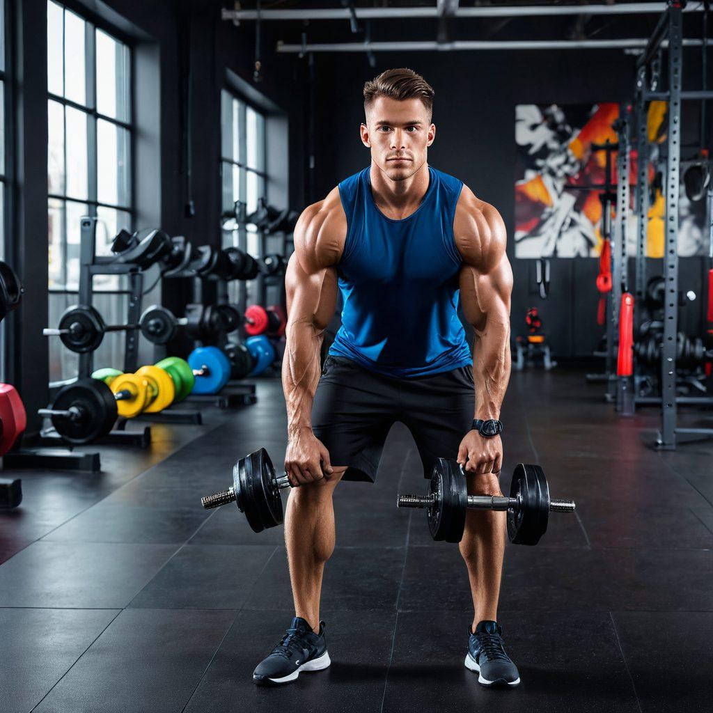 A fit, fashionable man performing a high-intensity workout. He is wearing sleek, stylish activewear that combines function and fashion, with vibrant colors and trendy patterns. The background is a modern gym setting with dumbbells, kettlebells, and movement captured in action. super-realistic. vibrant colors.