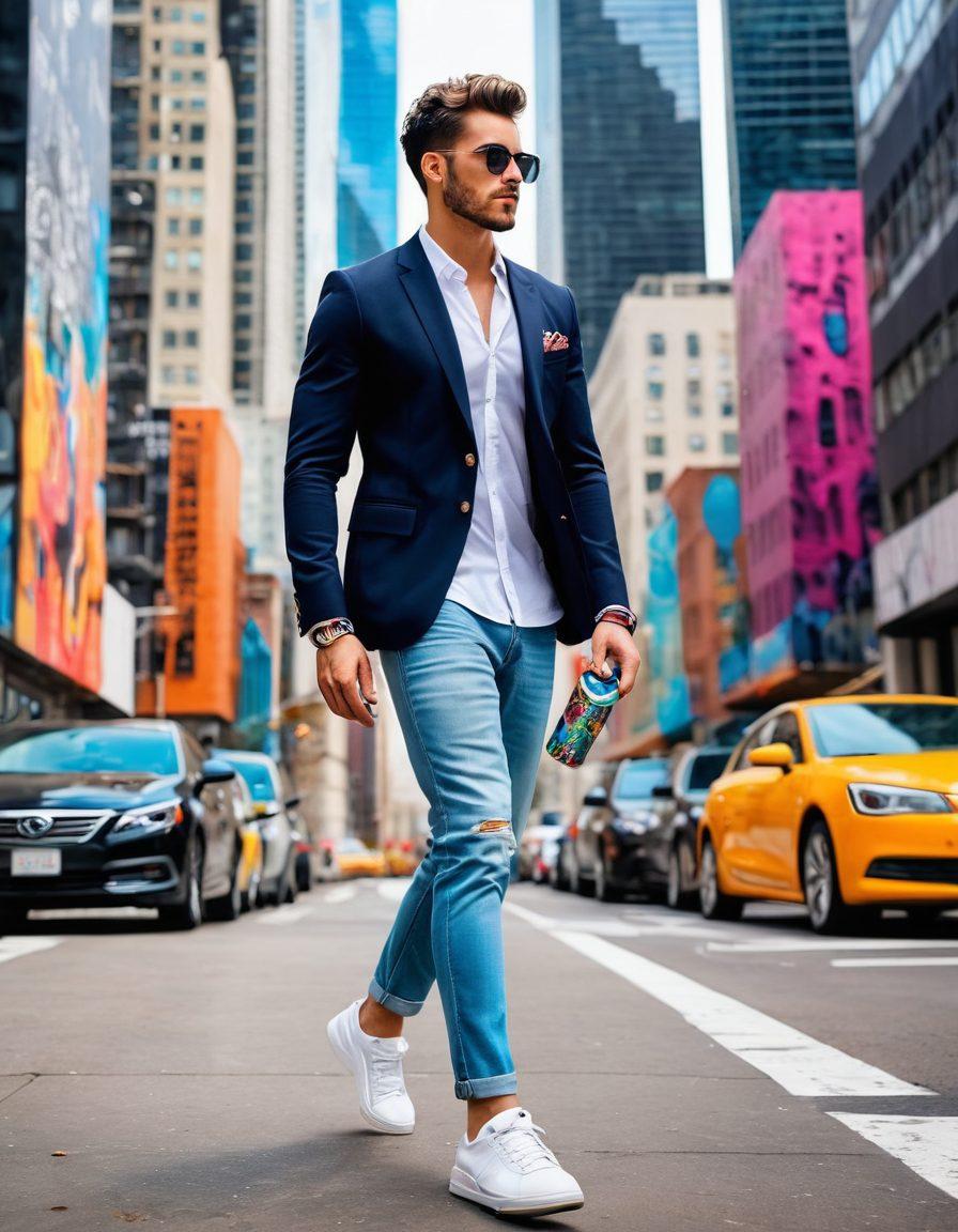 A stylish man confidently walking down a modern city street, showcasing the latest fashion trends including a sleek blazer, trendy sneakers, and smart accessories; an urban environment with skyscrapers and street art; hints of wellness like a water bottle and fitness tracker. super-realistic. vibrant colors.