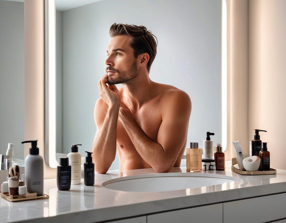 A modern, sophisticated man confidently standing in front of a sleek bathroom mirror, meticulously grooming himself. His reflection shows radiant, healthy skin, and there's an array of high-end grooming and skincare products on the counter. A serene, minimalist aesthetic with soft ambient lighting emphasizing wellness. super-realistic. vibrant colors. white background.